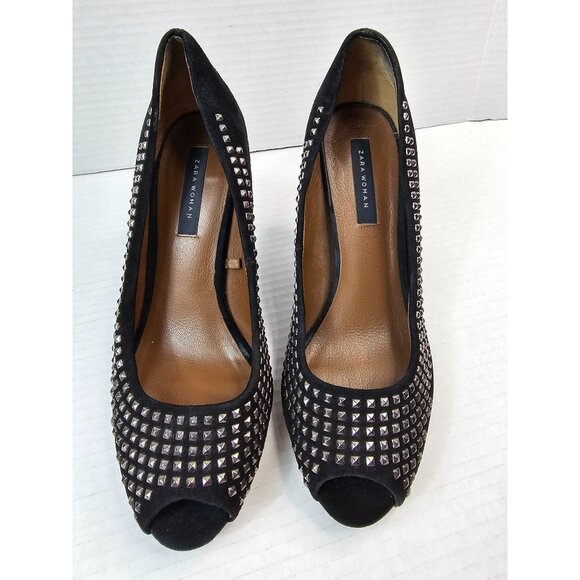 Zara Woman Black Suede Studded Peep Toe Heels Size 38 - Picture 6 of 10